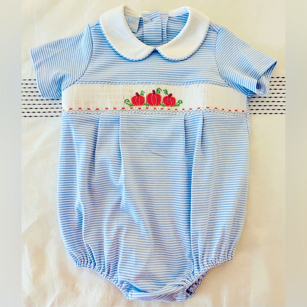 Petit Bebe Blue and White Stripe Knit Bubble with Pumpkin Smocking 24M